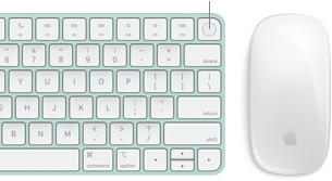 Närbild ovanifrån på Magic Keyboard med Touch ID, bredvid Magic Mouse.