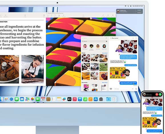 iMac bredvid en iPhone för att visa kontinuitetsfunktionen genom att dela en sms-konversation och bilder mellan iPhone och iMac.