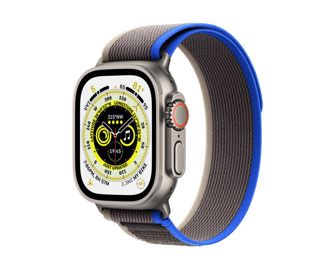 Apple Watch Ultra GPS + Cellular, 49mm Titanboett med Blå/Grå Terrängloop - S/M